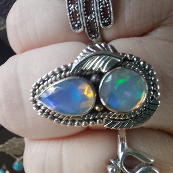 Ethiopian Opal Teardrop & Round Cut Sterling Silver Statement Ring - Picture 11 of 16
